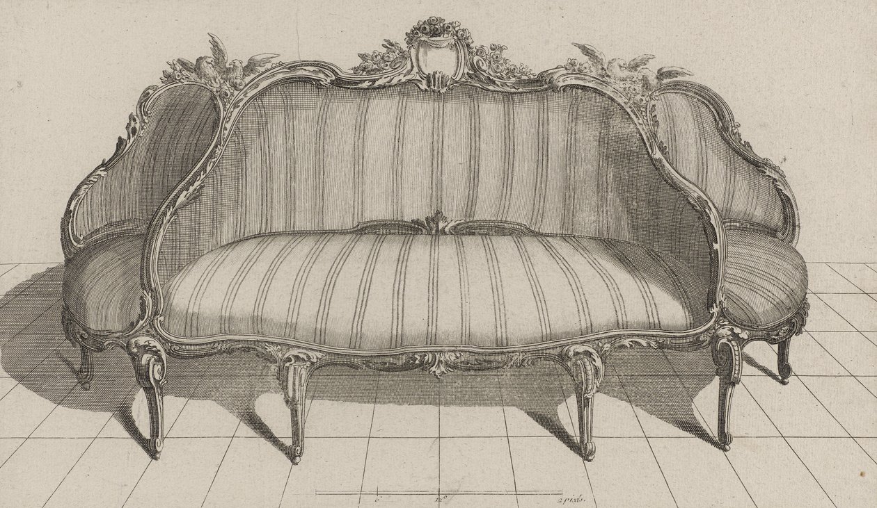 Canapé à Jouë dans le gout Pictoresque, publicado em meados da década de 1770 (gravura em papel vegetal) de Jean Charles (after) Delafosse