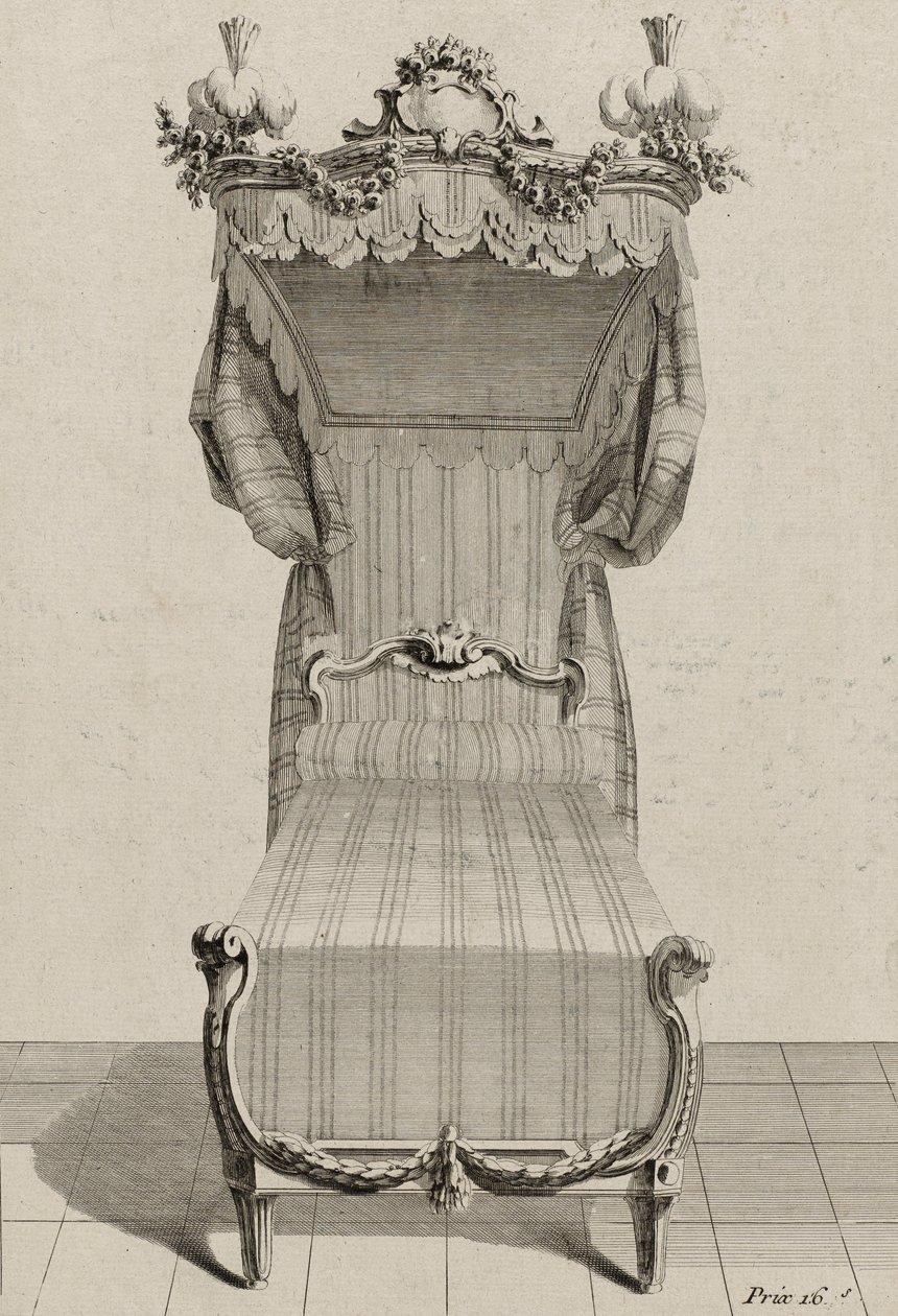 Lit à la Française, publicado em meados da década de 1770 (gravação em papel vegetal) de Jean Charles (after) Delafosse