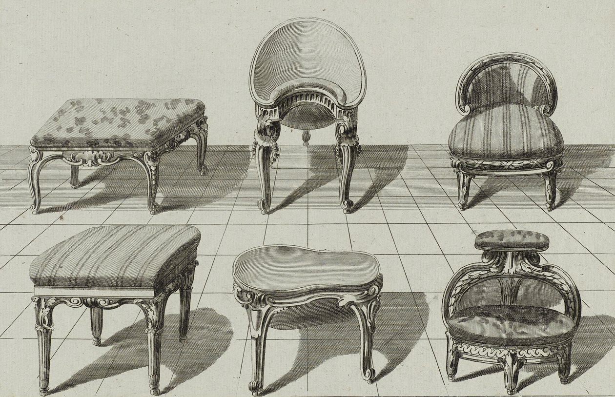 Tabourets, Bidets de Toilette, Marchepied, publicado em meados da década de 1770 (gravura em papel vegetal) de Jean Charles (after) Delafosse