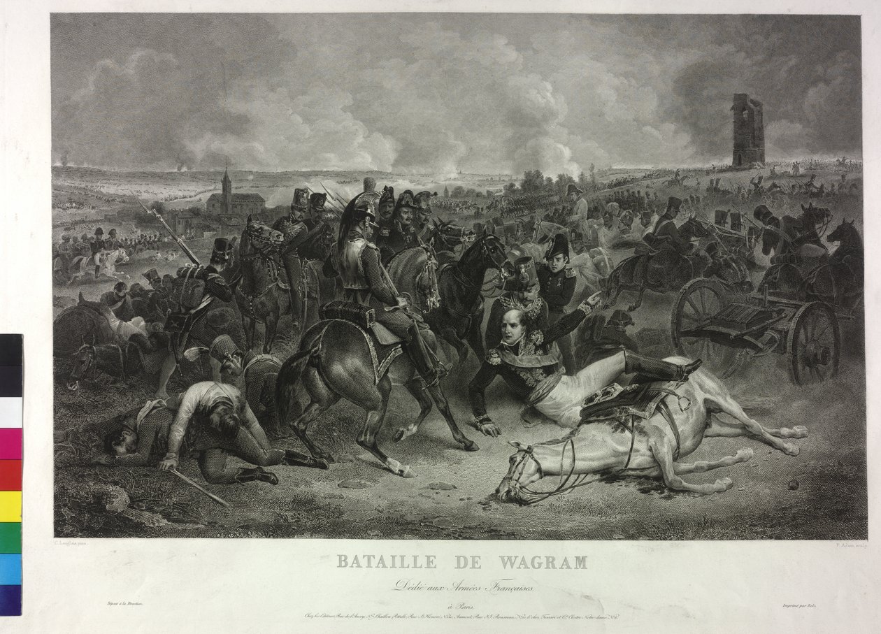 Na batalha de Wagram, em 5 e 6 de julho de 1809 (gravura em cobre) de Jean Charles (after) Langlois