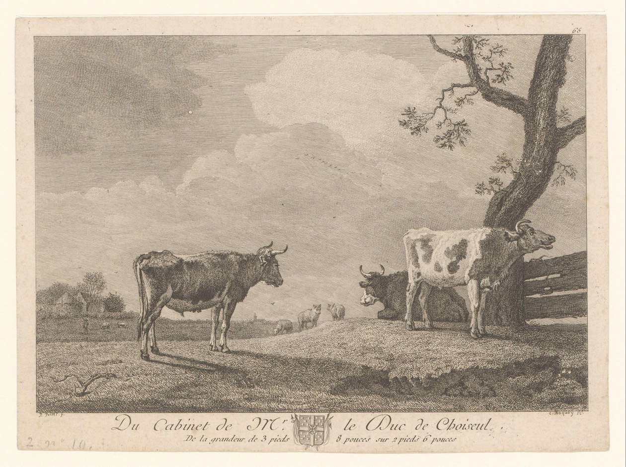 Três vacas em um prado Obras da coleção de Étienne François de Choiseul (título da série) Du gabinete do sr. le Duc de Choiseul (título da série no objeto) de Jean Charles Baquoy