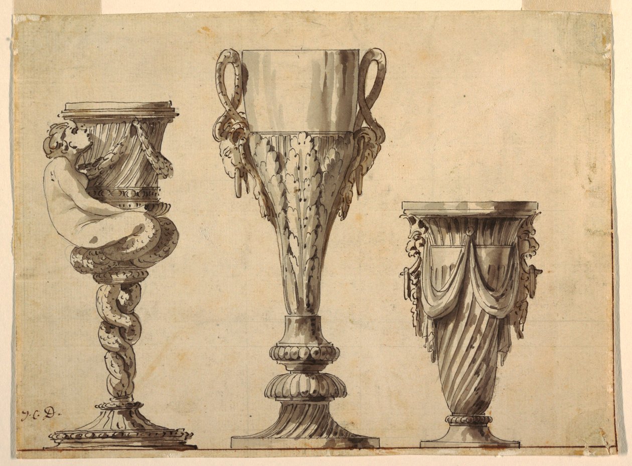 Design para um castiçal, copo e vaso de Jean Charles Delafosse