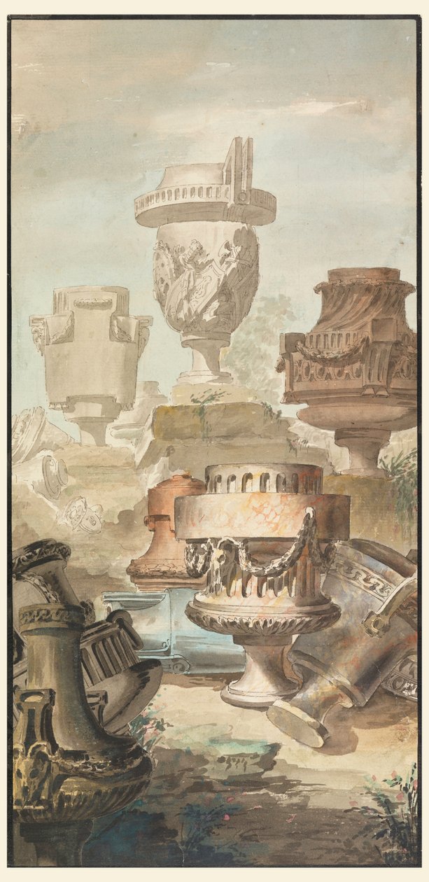 Desenho, Fantasia de Ruína: Vasos e Urnas, 1770 de Jean Charles Delafosse