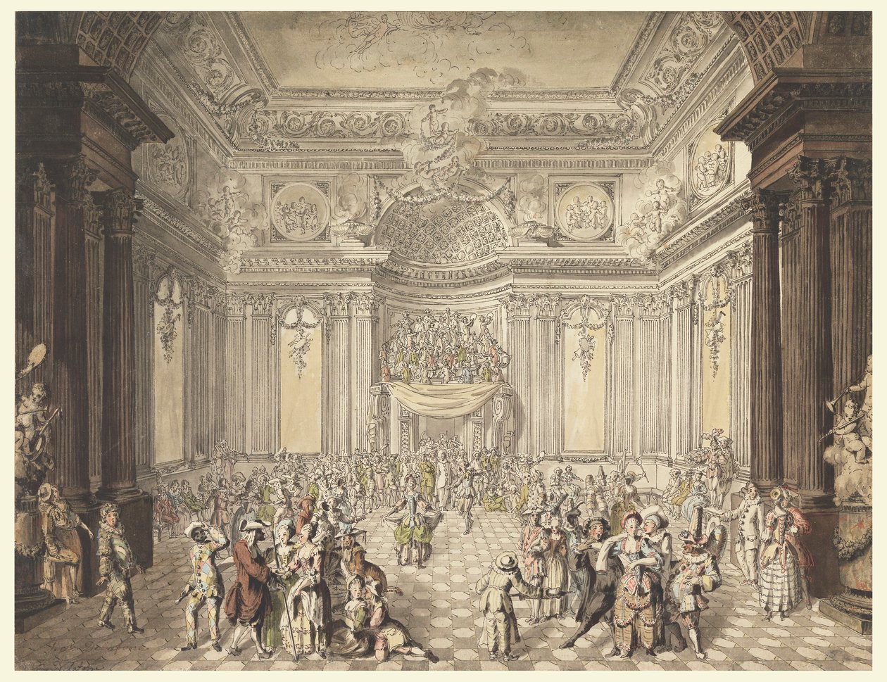Desenho, Vista de um baile de máscaras, 1770-80 de Jean Charles Delafosse