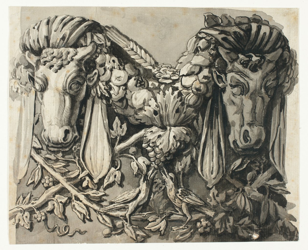 Ornamento com duas cabeças de touro (anverso); esboço de bordaduras geométricas (verso) de Jean Charles Delafosse