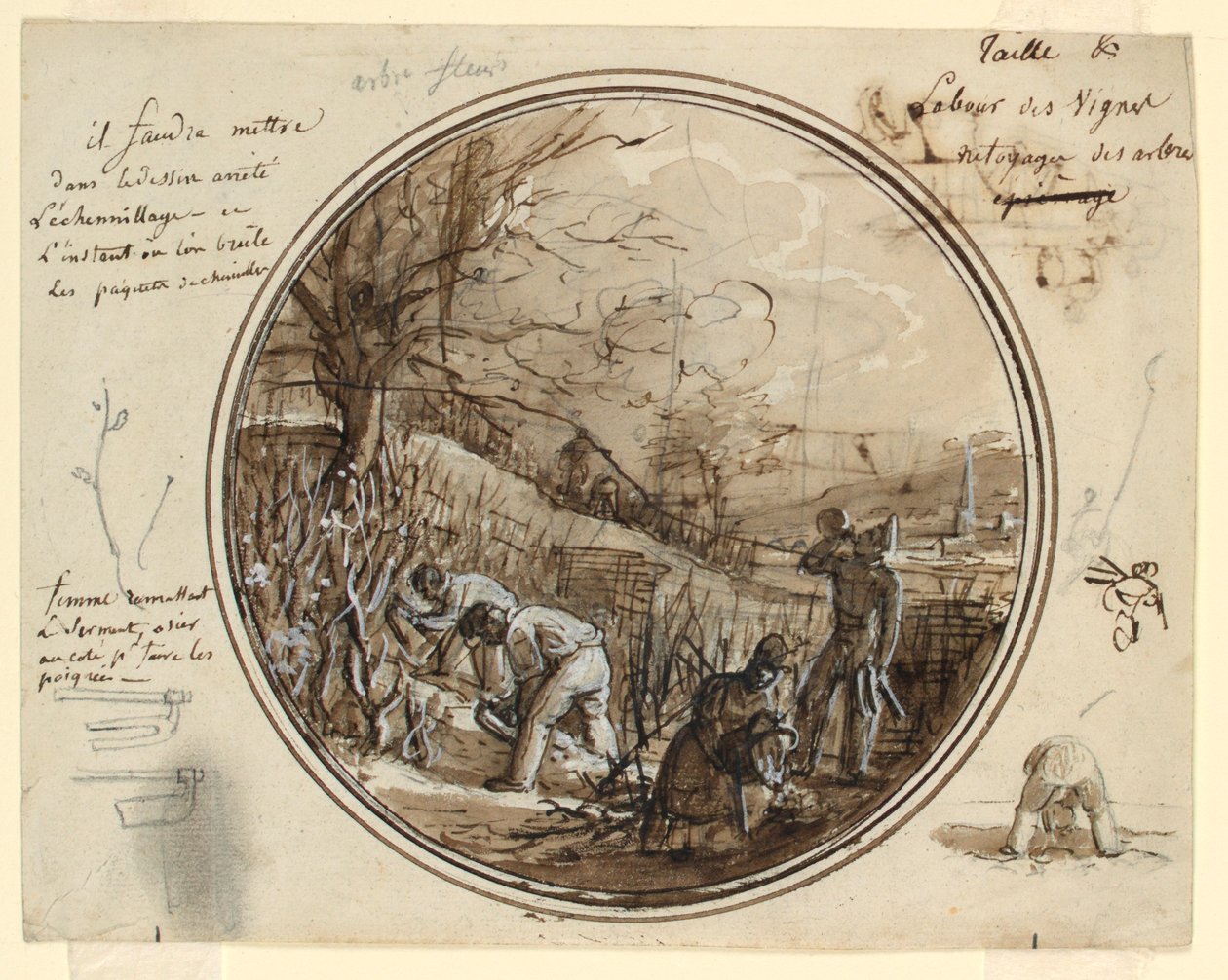 Projeto para uma placa de porcelana pintada, corte e trabalho no vinhedo de Jean Charles Develly