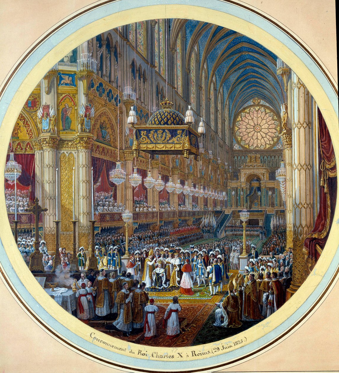 A coroação de Carlos X (1757-1836) na Catedral de Reims 28/05/1825 Pintando uma aquarela para um projeto de guerrilha de Jean Charles Develly (1783-1862) 1825 Diam. 0,37m. Sevres. Fabricação de porcelana de Jean Charles Develly