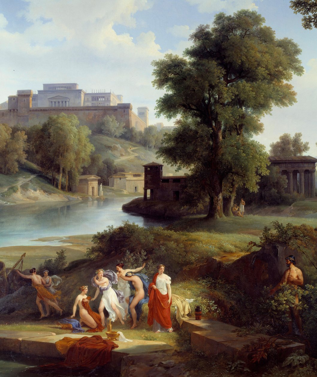 Odisseu de Homere: "Ulisses vê Nausicaa, filha do Rei Alcinoos, a jogar à bola com os seus seguidores" Detalhe. Pintura de Jean Charles Remond (1795-1875) 1830 Nantes, Musee des Beaux Arts de Jean Charles Joseph Rémond