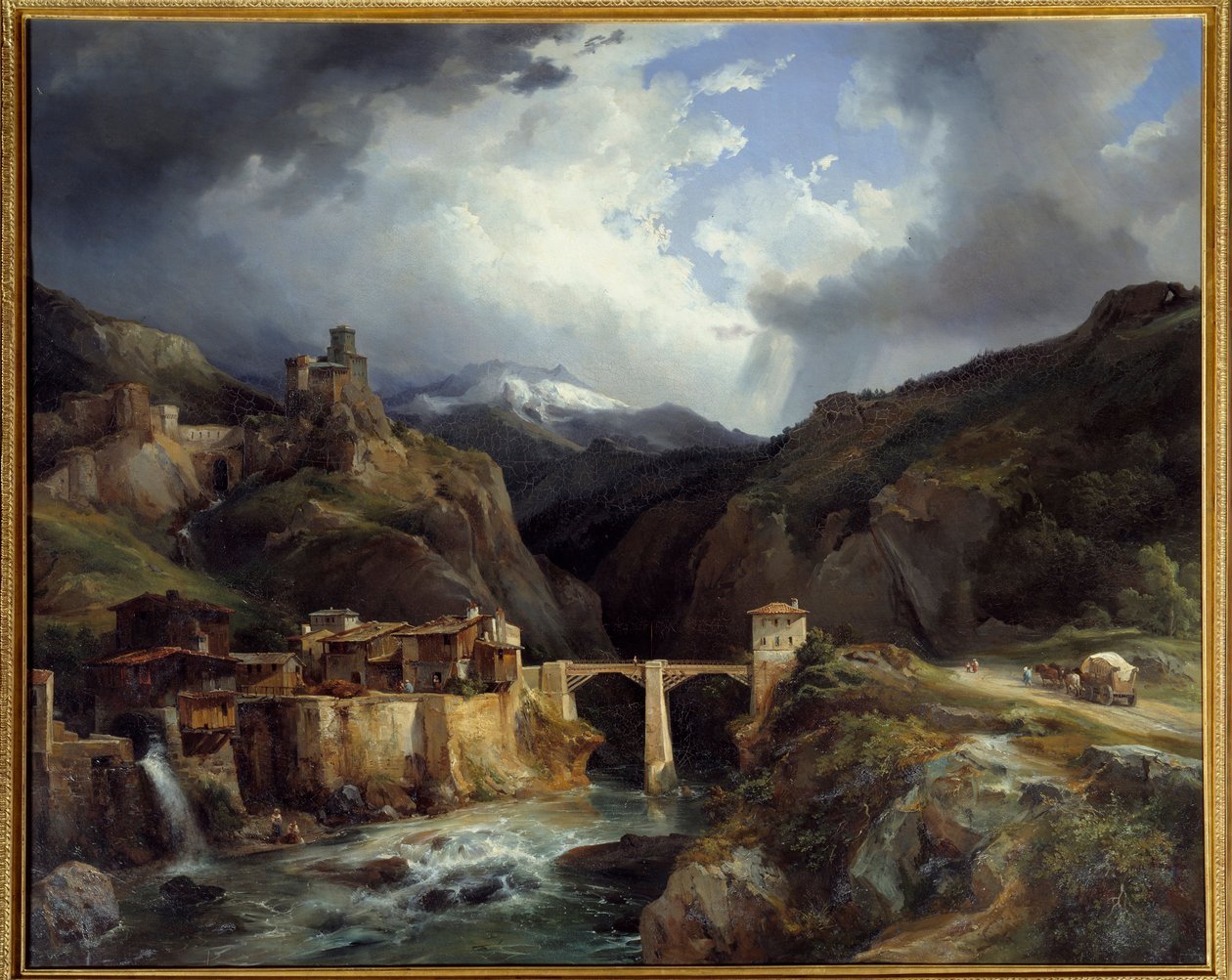 Aldeia e ponte de Crevola na estrada Simplon. Pintura de Jean Charles Remond (1795-1875) de Jean Charles Joseph Rémond