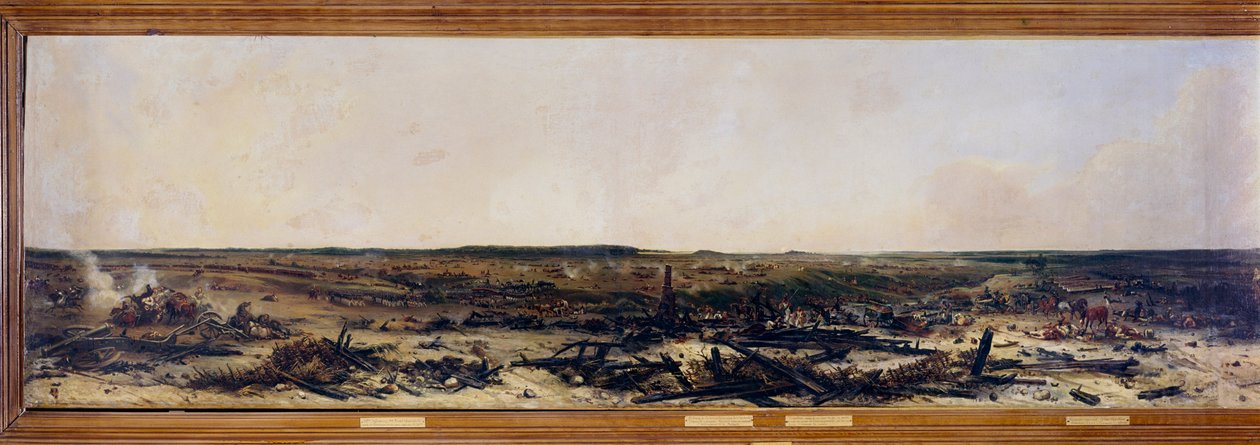 Campanha da Rússia: "Panorama da Batalha de Moscova em 7/09/1812". A Batalha de Moskova (também Batalha de Borodino) entre os franceses de Napoleão I Bonaparte (1769-1821) e o exército russo imperioso liderado por Mikhail Golenichchev Kutuzov (Golenishchev de Jean Charles Langlois