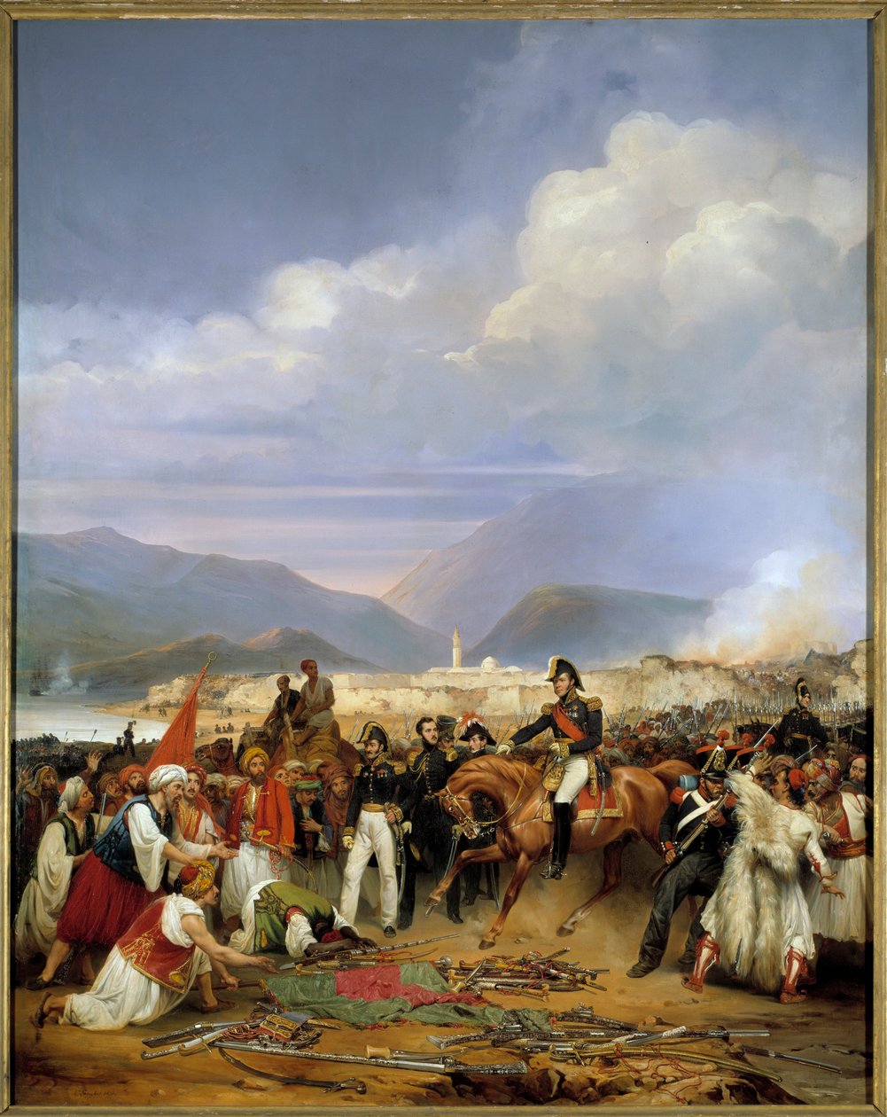 Guerra da Independência da Grécia (1828-1833): "A Casa Geral recebe a rendição do castelo de Moree em 30 de outubro de 1828" Episódio da expedição de Moree (1828-1832), no Peloponeso. Pintura de Jean Charles Langlois (1789-1870) 1836 Sol. 2,72x1,92 de Jean Charles Langlois
