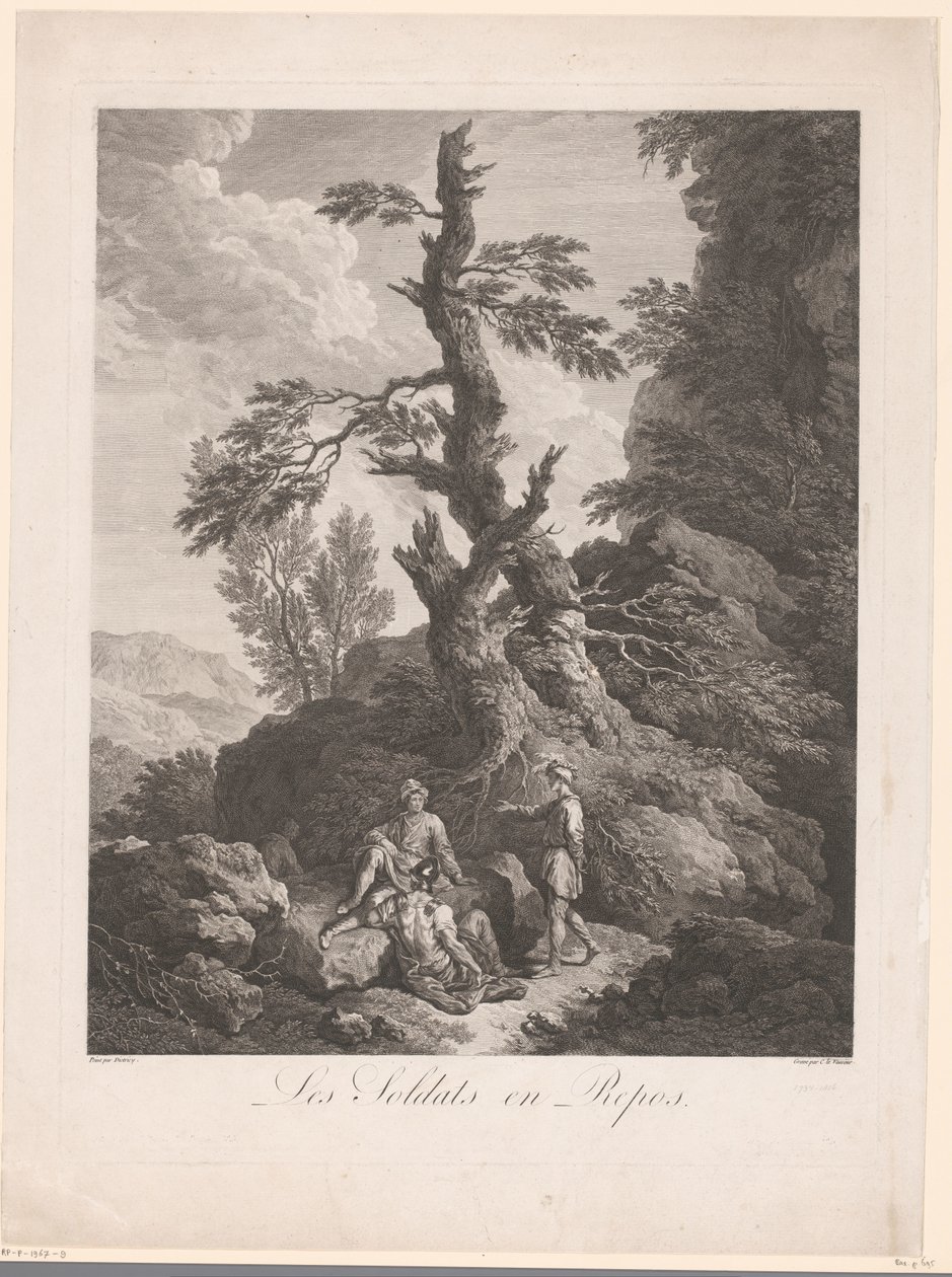 Soldados descansando em frente a uma árvore em uma paisagem rochosa Les soldats en repos (título no objeto) de Jean Charles Levasseur