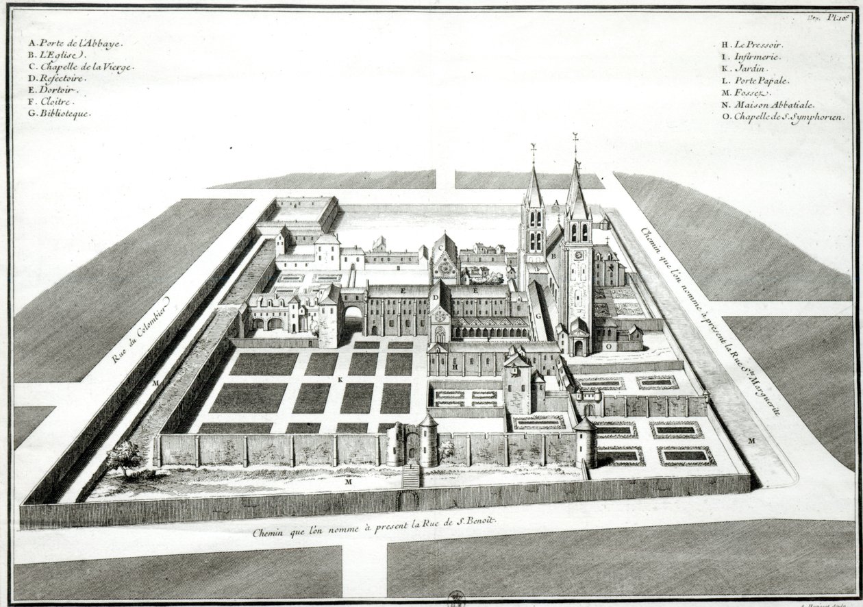 Vista da Abadia de Saint-Germain-des-Pres antes de 1640, gravada por Antoine Herisset (1685-1769) de Jean Chaufourier