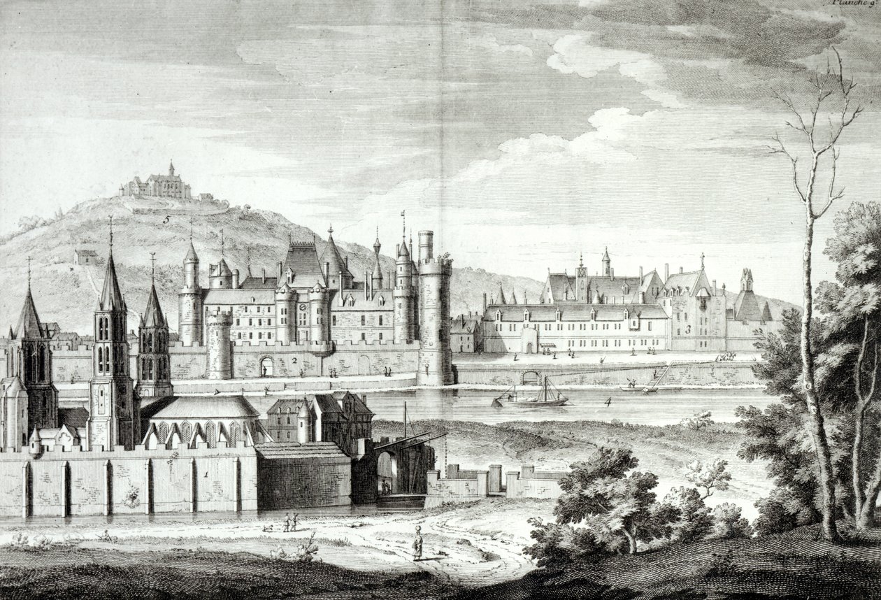 Vista da Abadia de Saint-Germain-des-Prés, o Louvre, Petit Bourbon, Montmartre e o Sena em 1410, gravada por Antoine Herisset (1685-1769) de Jean Chaufourier