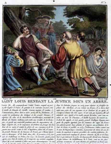 Saint Louis (1215-70) Renders Justice Under a Tree, gravada por Jean Baptiste Morret (fl. 1790-1820) 1789 (gravura colorida) de Jean Claude (after) Naigeon