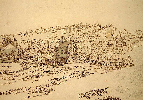 O Pavillon de Musique de la Comtesse du Barry em Louveciennes, Paris (lápis, caneta e tinta com aguarela sobre papel) de Jean Claude (attr. to) Nattes