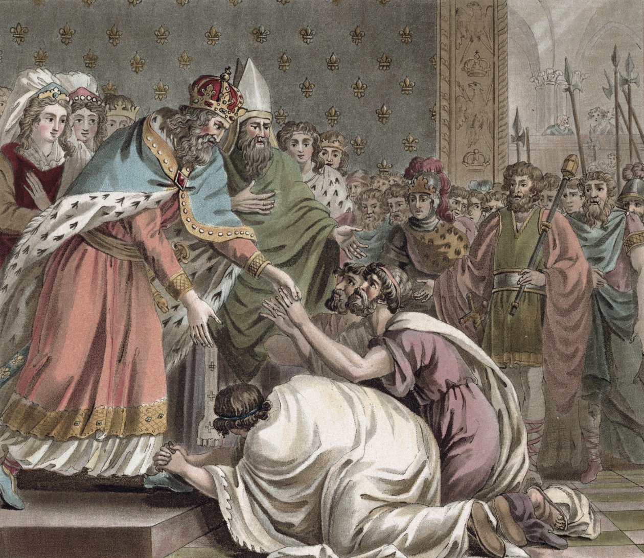 Carlos Magno (742-814) Recebe os embaixadores do Imperador do Oriente, gravados por Jean Baptiste Morret (fl. 1790-1820), 1789 de Jean Claude Naigeon