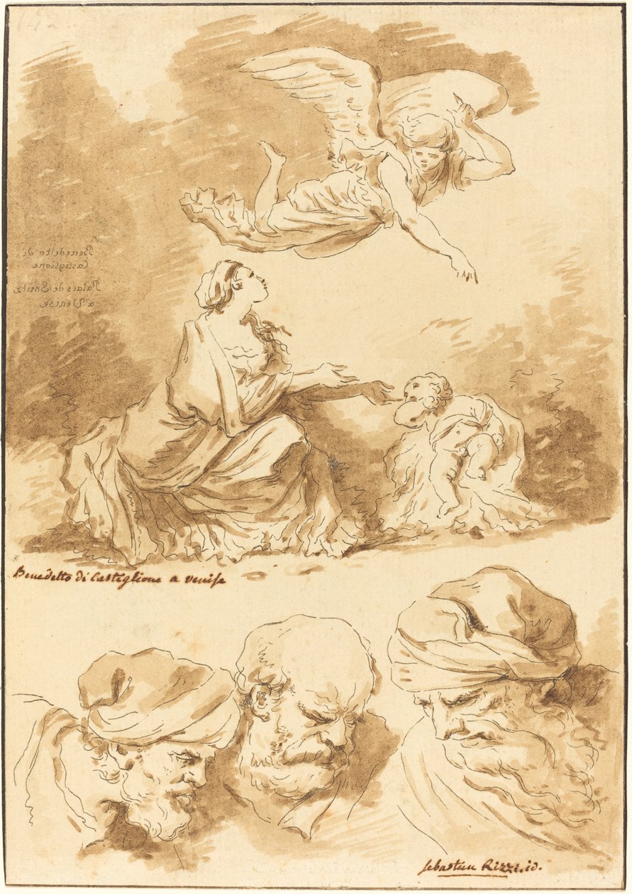Hagar consolada por um anjo (de uma pintura de Castiglione) e Três Cabeças de Velhos (de uma pintura de Ricci de Jesus e a Adúltera) de Jean Claude Richard de Saint Non after Jean Honoré Fragonard