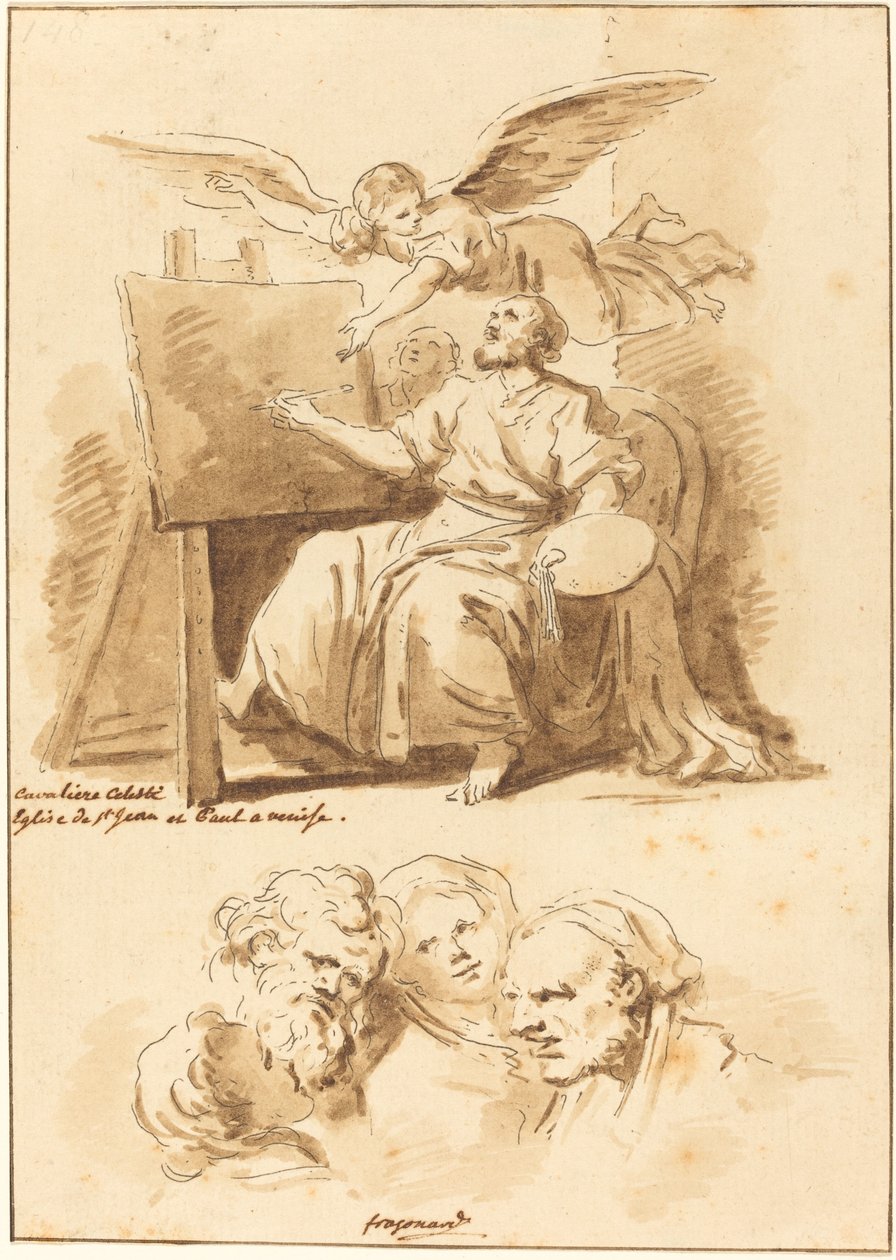 São Lucas em seu cavalete e quatro cabeças expressivas de Jean Claude Richard de Saint Non after Jean Honoré Fragonard after Andrea Celesti
