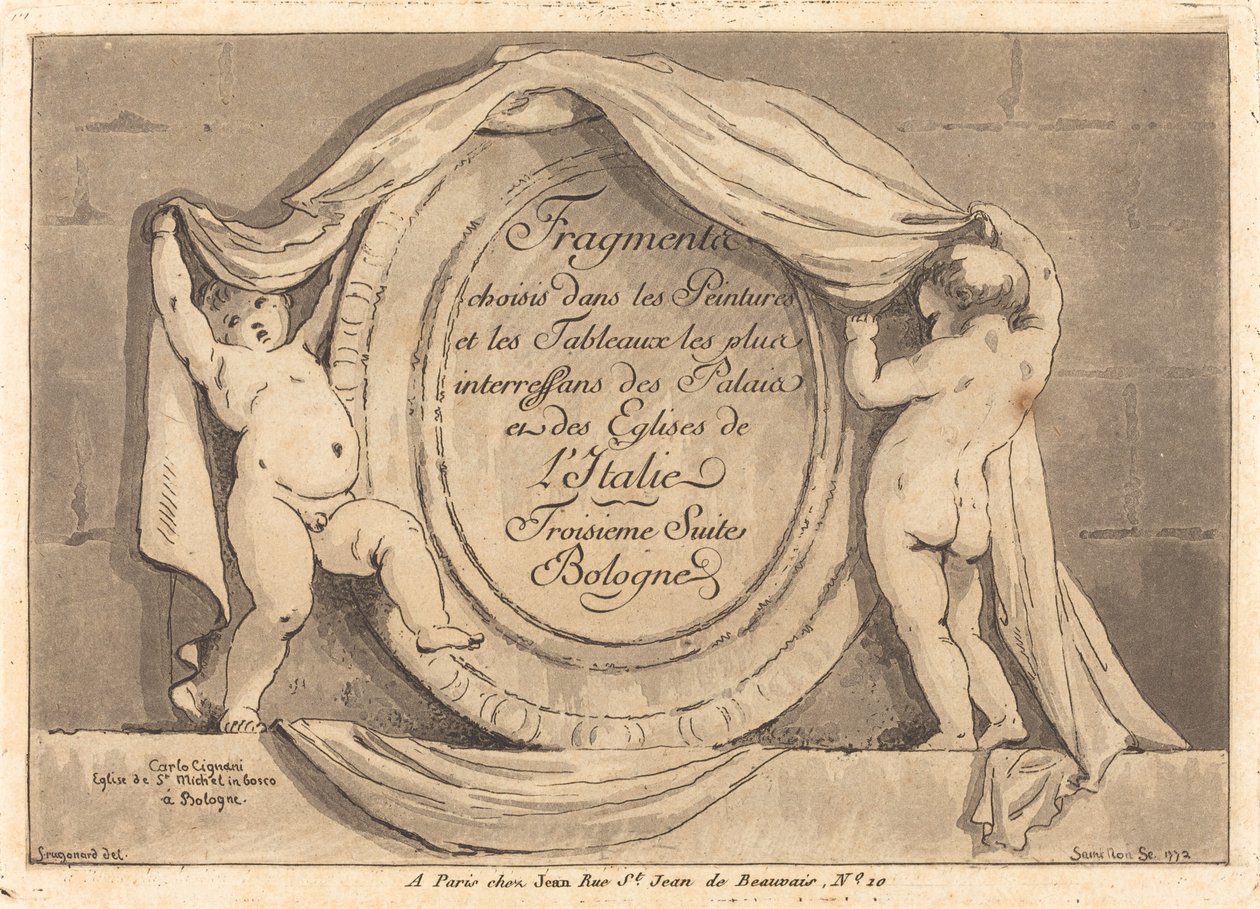 Página de rosto: Desenho oval da Igreja de San Michele de Bosco, Bolonha de Jean Claude Richard de Saint Non after Jean Honoré Fragonard after Carlo Cignani