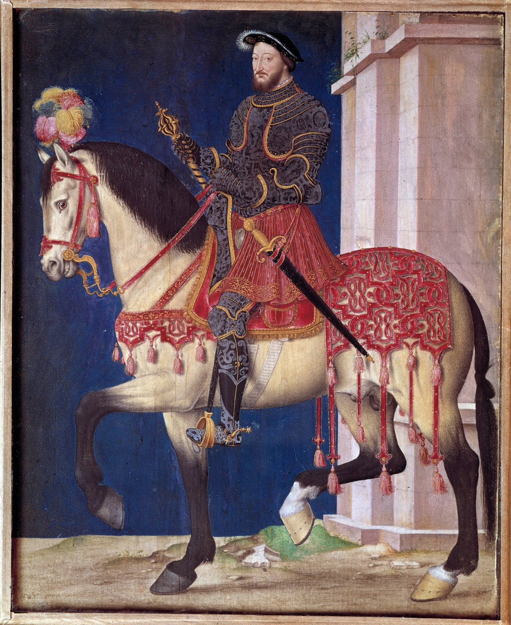 Retrato equestre de François I (1494-1547). Pintura da escola de Jean Clouet (1475/1485-1540) de Jean Clouet
