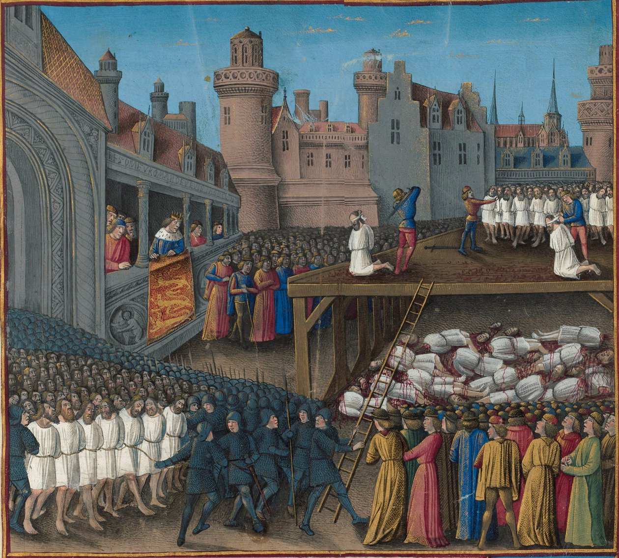 Massacre dos prisioneiros sarracenos, ordenado pelo rei Ricardo Coração de Leão, 1191, 1474-1475. de Jean Colombe