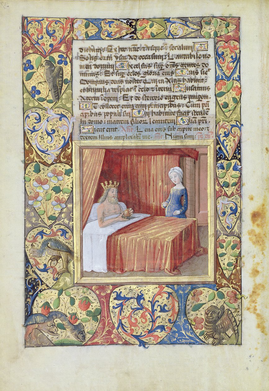 Senhora Lat. QvI126 f.37v Um rei deitado na cama, do "Livro de Horas de Louis d&39;Orleans", 1490 de Jean Colombe