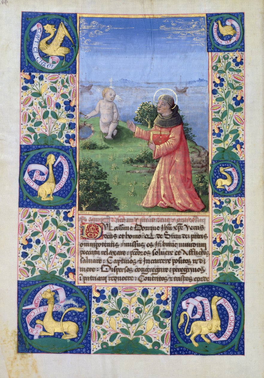 Senhora Lat. QvI126 f.94v Louis of Orleans (1462-1515) orando diante do Menino Jesus, do Livro das Horas de Louis d&39;Orleans, 1469 de Jean Colombe