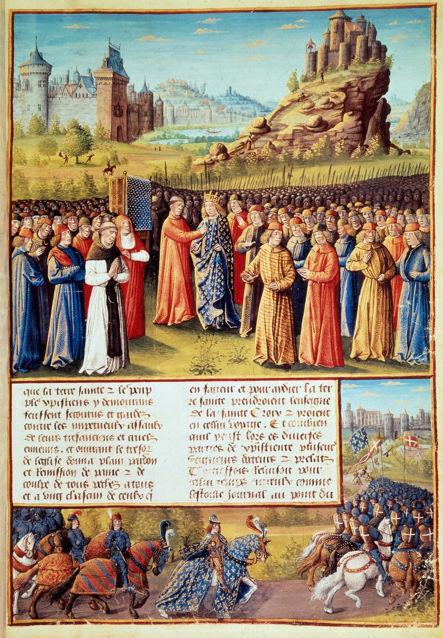 Segunda Cruzada (1147-1149): O rei Luís VII disse o jovem (1120-1180) tomando a cruz em Vezelay na presença de São Bernardo de Clairvaux (San Bernardo di Chiaravalle) (1090-1153) e a eveque de Versalhes em 31/03/1146. Muitos barões também tomaram o de Jean Colombe