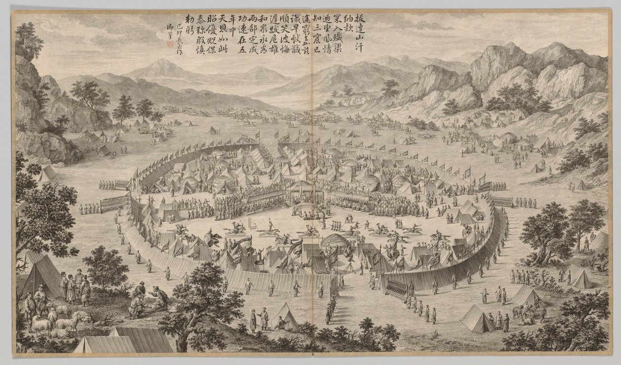 Khan de Bada Shan Apresentando Homenagem: das cenas de batalha do combate às rebeliões, c. 1765-177 de Jean Damascene Sallusti