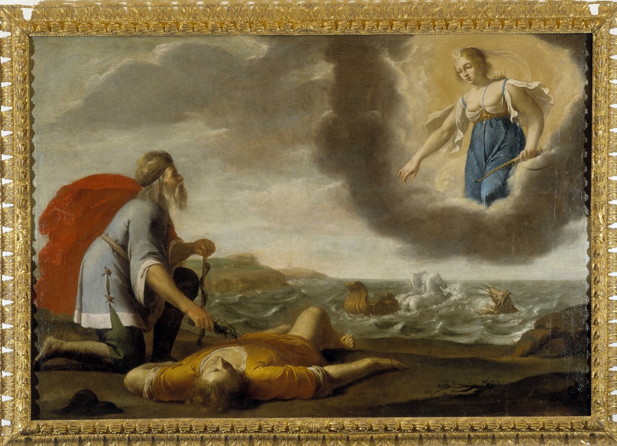 Aesculapus ressuscita Hyppolite: Filho de Thesee morto é ressuscitado por Esculapus sob o olhar de Artemis de Jean Daret
