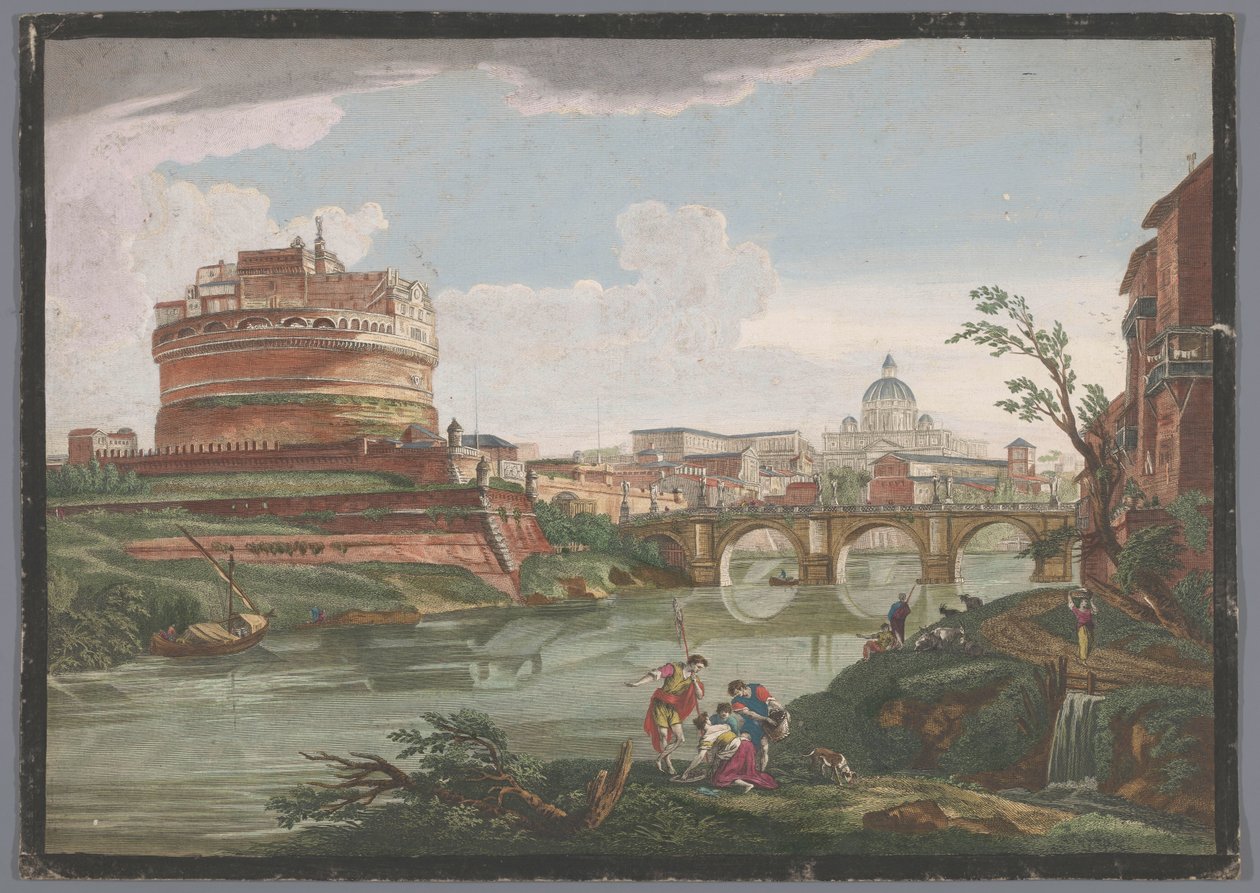Vista do Castelo dos Anjos e da Ponte dos Anjos sobre o Rio Tibre em Roma
Roma moderna (título sobre o objecto) de Jean Daullé
