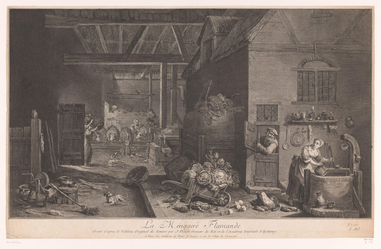 Interior de uma quinta La Ménagere Flamande (título no objeto) de Jean Daullé