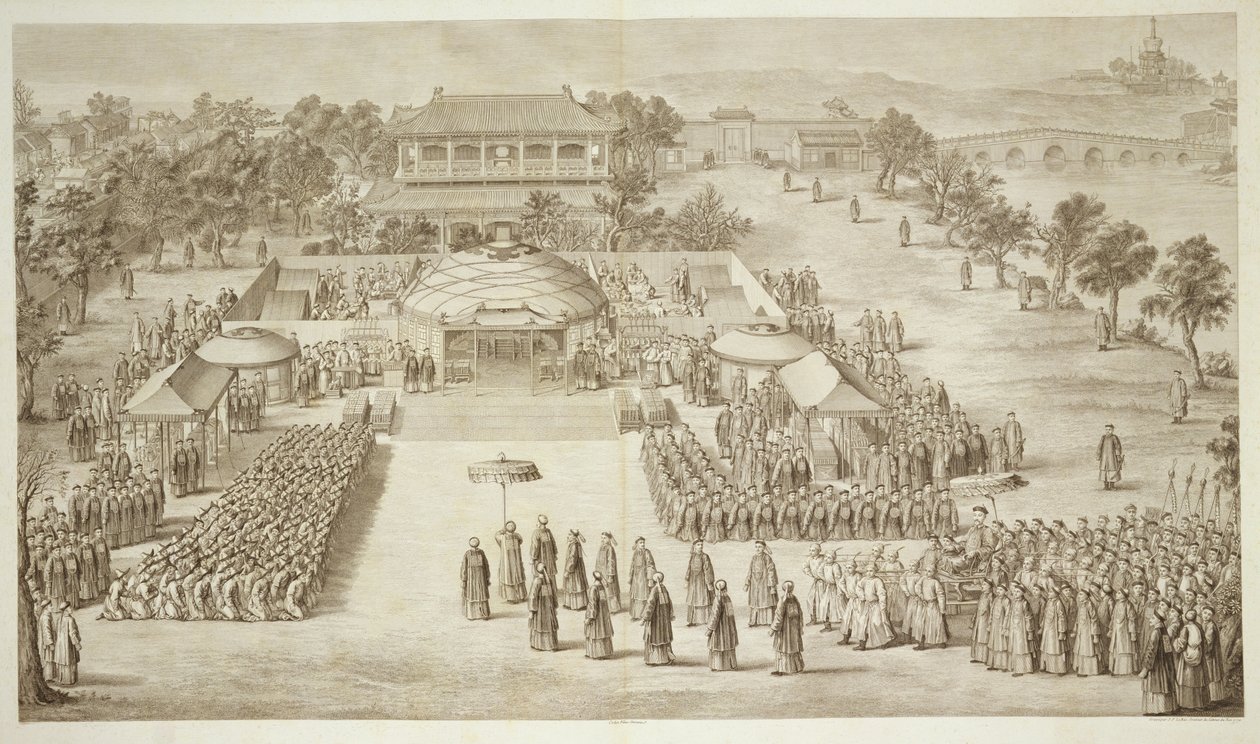 O Imperador Qianlong Recebe a Homenagem da Placa 2 Conquistada Eleuths (Tártaro Kalmucks) de uma série de gravuras representando as conquistas do Imperador da China, gravadas por Jacques Philippe Le de Jean Denis Attiret