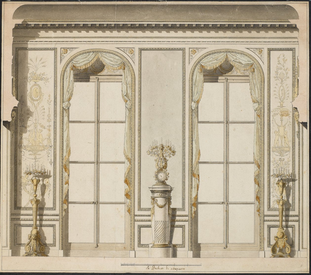Projeto arquitetônico para a Grande Galerie do Hotel de Madame de Mazarin em Paris (bico de pena e w - c em papel) de Jean Desmosthene Dugourc