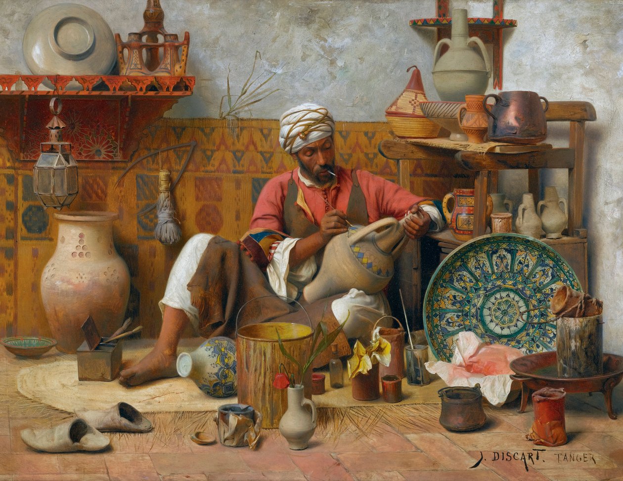 Um estúdio de olaria, Tanger - Jean Discart (1856-1944). Óleo sobre madeira Dimensão : 35&545,5 cm Colecção Privada de Jean Discart