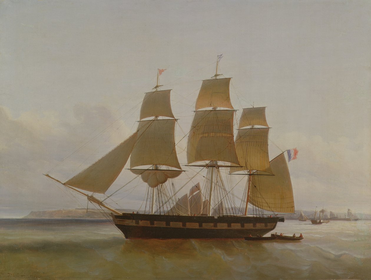 Três Masted Boat, no porto de Le Havre, 1846 de Jean Dominique Drouin