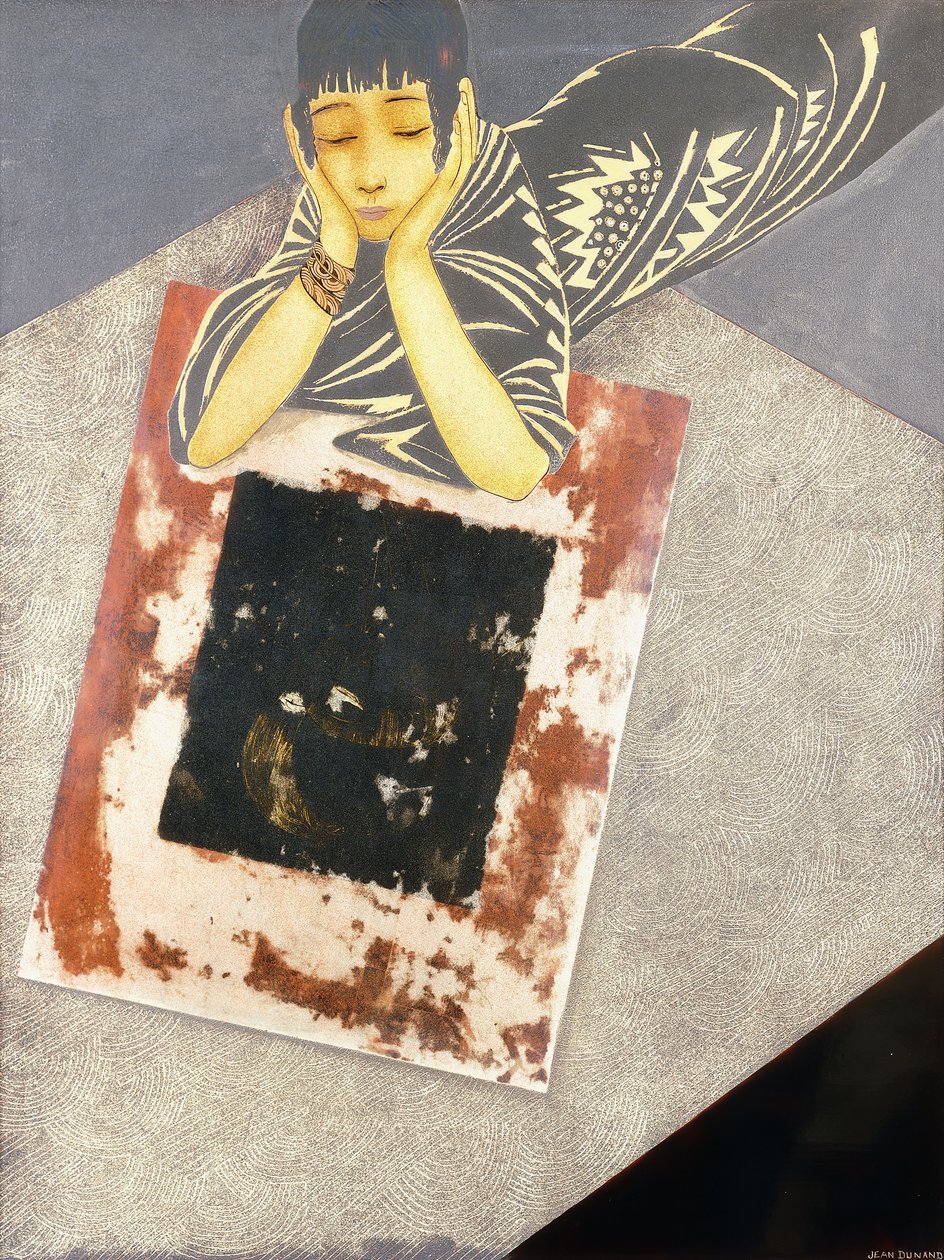 Uma garota de pele dourada, esticada ao longo do chão e apoiada nos cotovelos de Jean Dunand