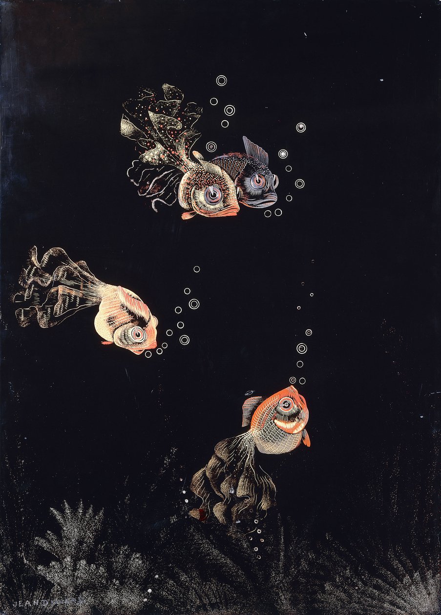 Um painel laqueado de Jean Dunand, retratando uma cena subaquática com peixes vermelhos e dourados soprando bolhas de ar de Jean Dunand