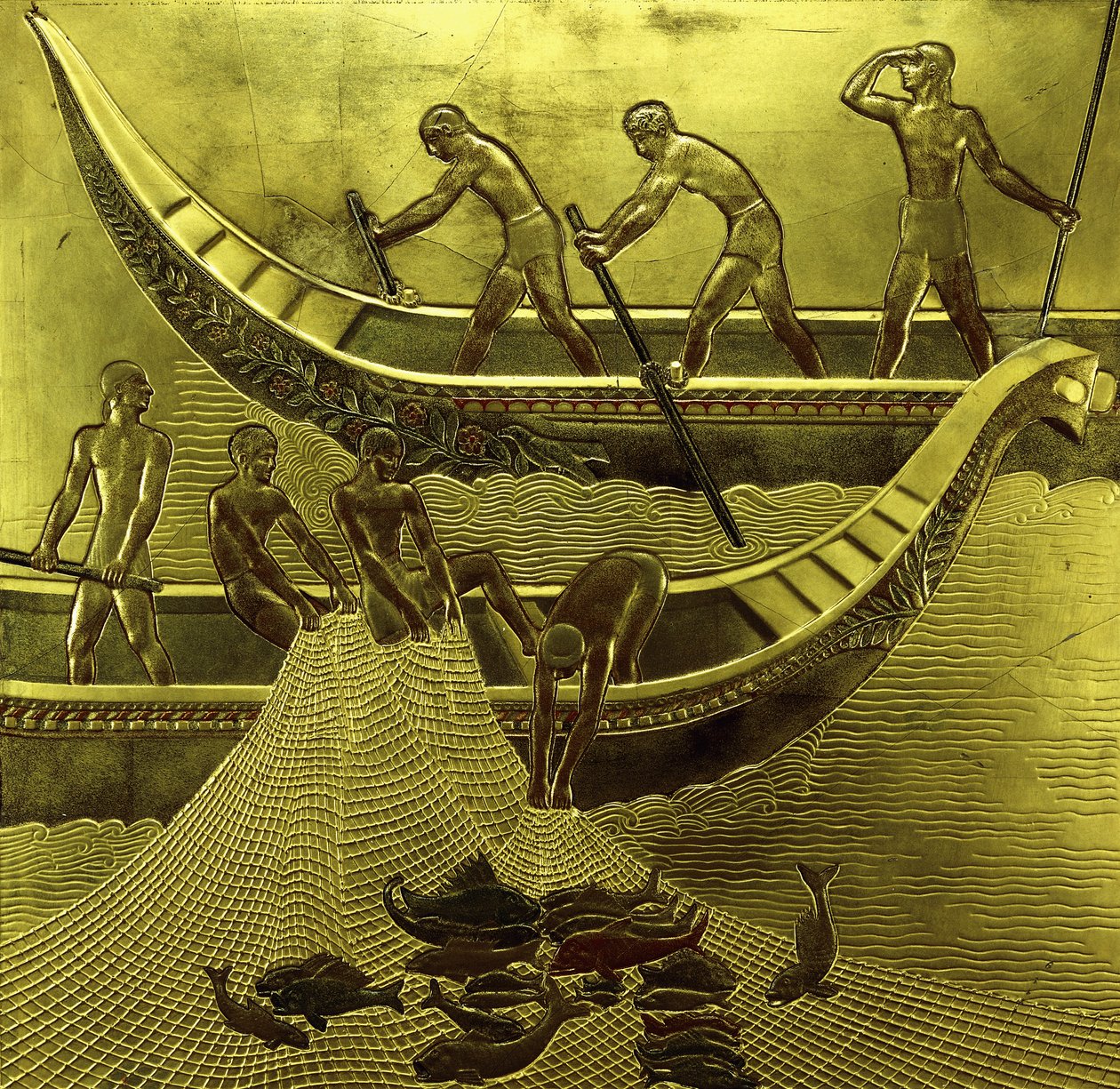 Um painel laqueado representando pescadores puxando suas redes de Jean Dunand