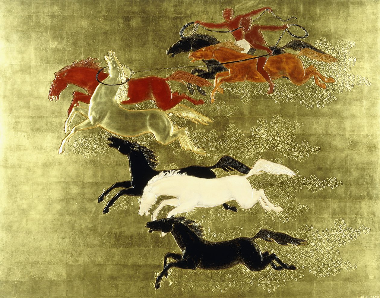 Conquista do Cavalo; La Conquete du Cheval, c.1934 (um painel laqueado e dourado) de Jean Dunand