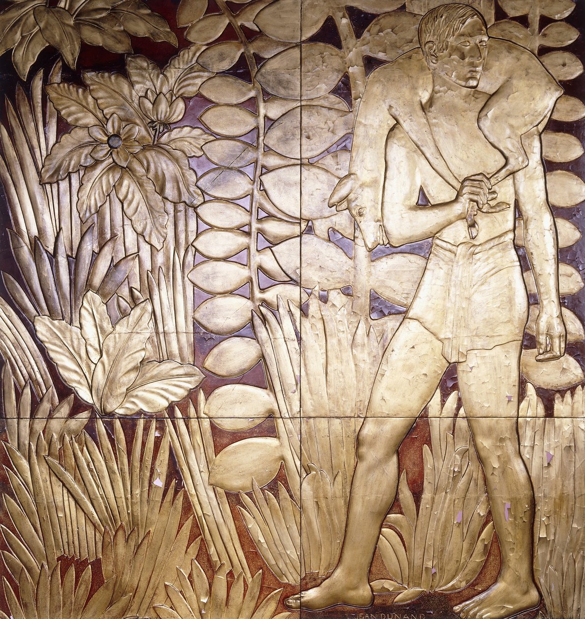 Quatro painéis de madeira lacada e dourada de "La Chase", c.1935-1949 de Jean Dunand