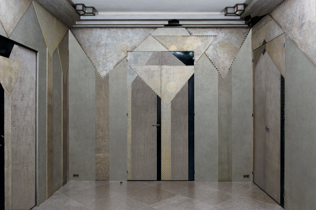 &39;Les Palmiers&39;, painéis de uma sala de fumo, c.1930 (madeira lacada) de Jean Dunand
