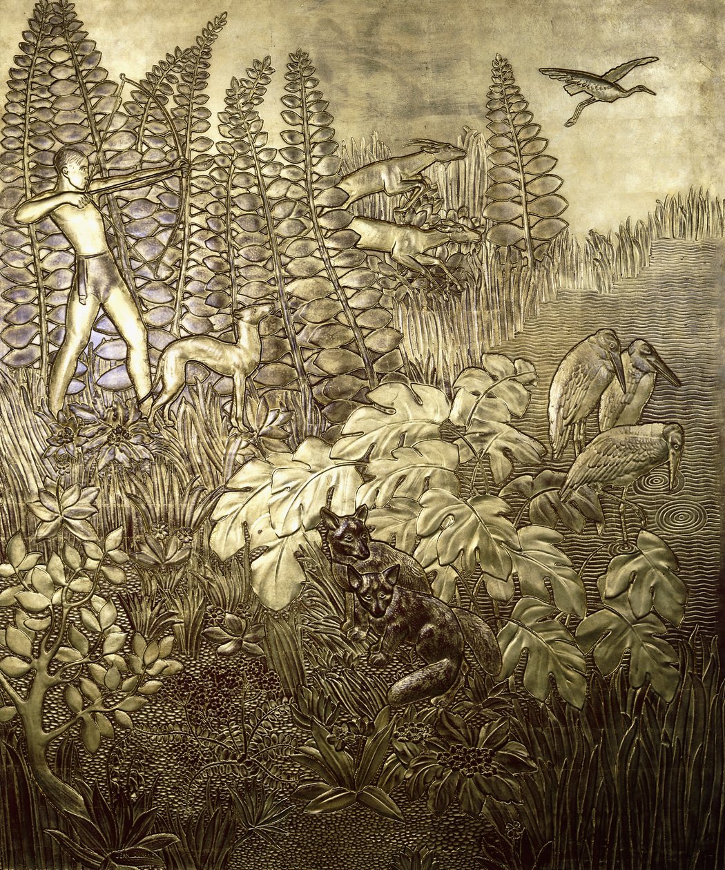 A caçada; La Chasse, c. 1934 (madeira dourada e lacada) de Jean Dunand