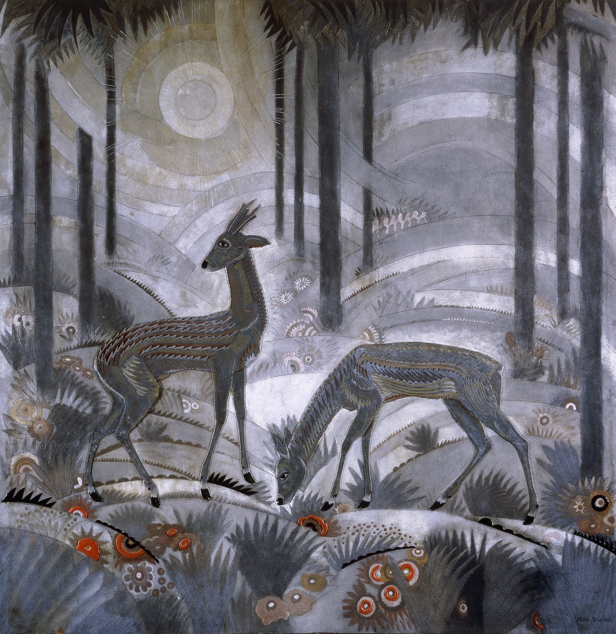 Dois cervos em uma floresta, c.1929 (painel de madeira laqueada) de Jean Dunand