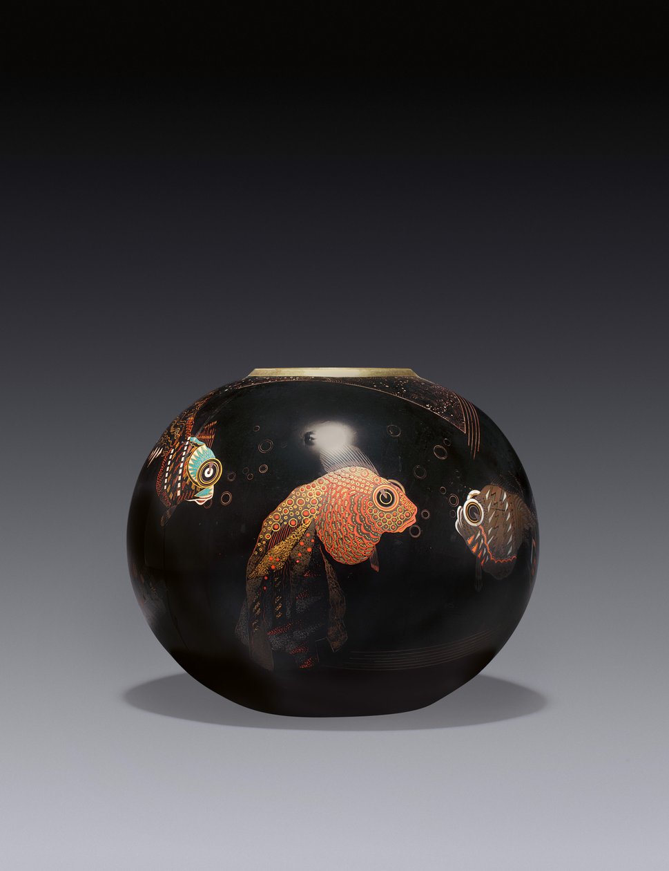 Vaso &39;Aux Poissons&39;, c.1928 (metal lacado, com revestimento de cobre) de Jean Dunand