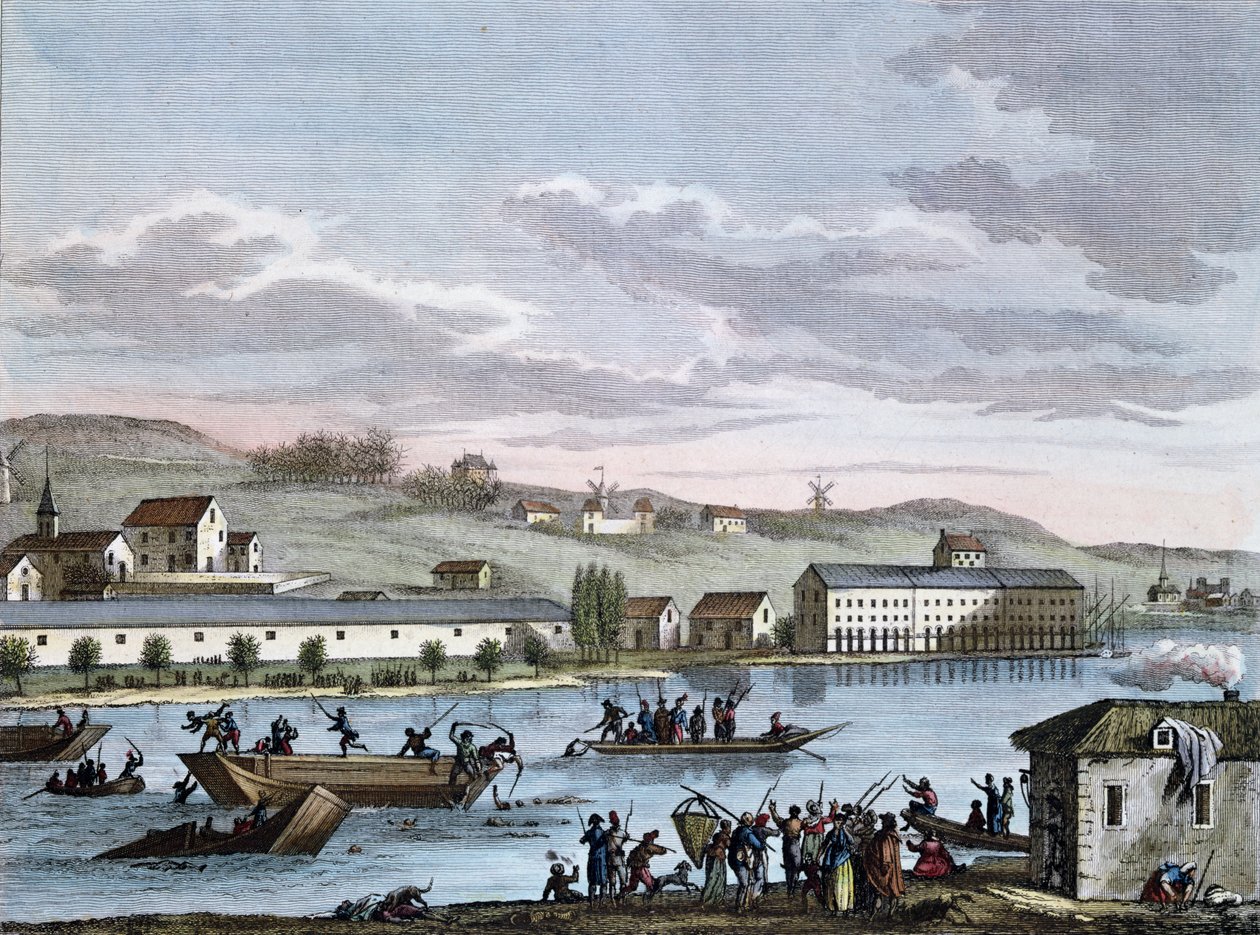 The Nantes Drownings, após a série "Pinturas históricas da Revolução Francesa", gravada por Reinier Vinkeles (1741-1816) e Daniel Vrydag (1765-1822) no final do século XVIII de Jean Duplessis Bertaux
