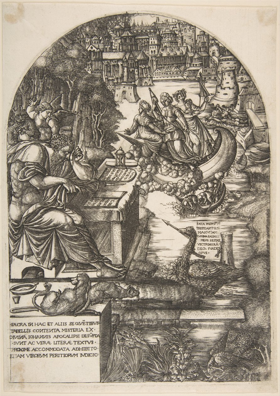 O artista Jean Duvet, disfarçado de São João Evangelista, sentado em uma mesa, ca. 1546-55. de Jean Duvet