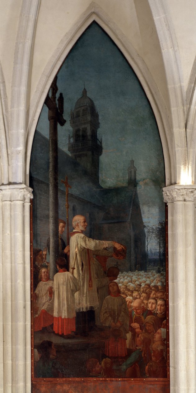Pregação de Michel le Nobletz (1577-1652) no exterior de uma igreja na Bretanha - Fresco, Catedral de Saint Corentin (Saint-Corentin), Quimper de Jean Edouard Dargent