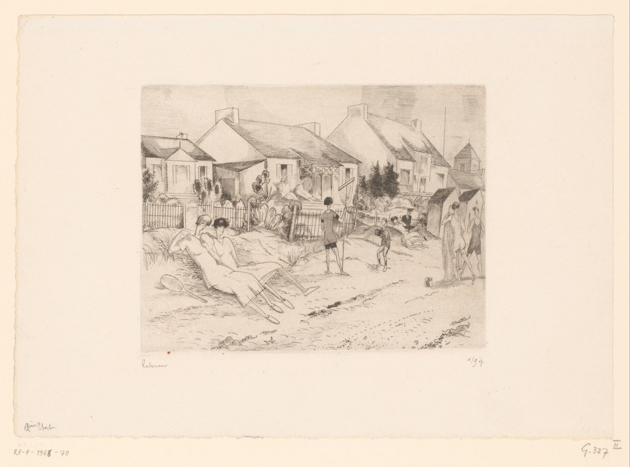 Jogadores de tênis descansando na praia La petite plage (título no objeto) de Jean Emile Laboureur (signed by artist)